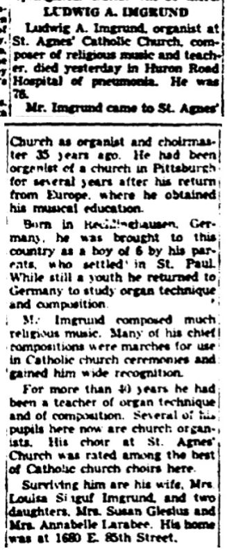 Louis Imgrund Obituary Cleveland Plain Dealer, 1950