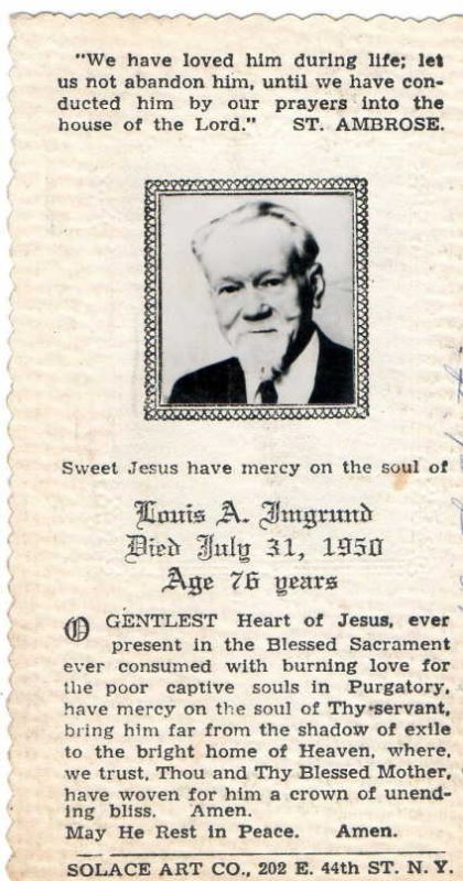 Louis Imgrund Prayer Card  Courtesy of Lawerenceville Historical Society