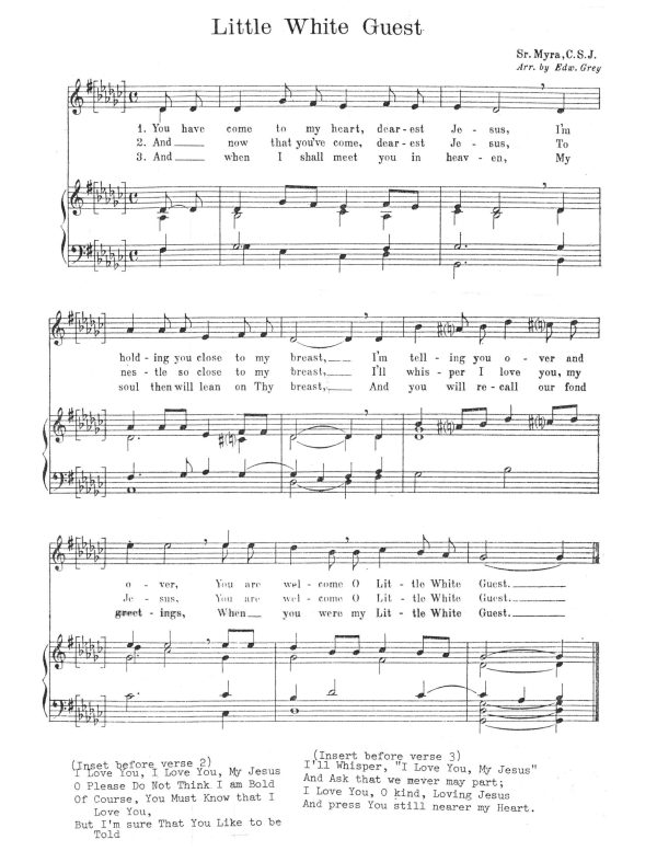 The 1958 setting by Sr. Myra, C.S.J., which became a staple in mid-century American parochial schools.  Courtesy of The Devotional Hymns Project