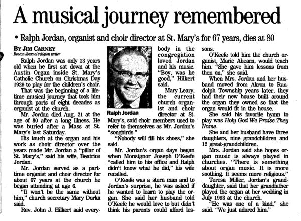 Tribute to Ralph Jordan, Organist of St. Mary’s
